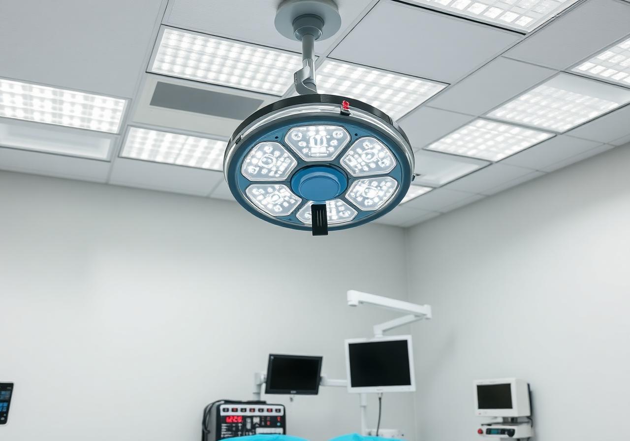 Hospital operating room with 5000K shadowless surgical LED lamp and CRI 95+ ambient panels