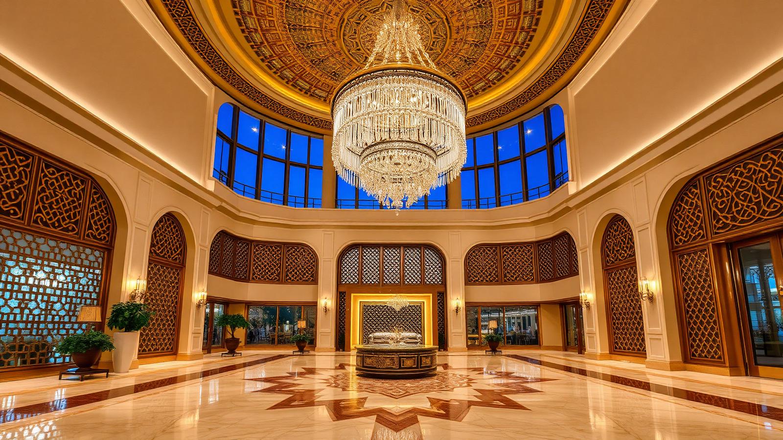 Arabic / Middle-Eastern luxury hotel lobby in Dubai with massive ornate brass Islamic-geometric crystal chandelier, mashrabiya wooden lattice screens and warm 3000K layered downlights — the regional design language XHLWX delivers for GCC five-star properties.