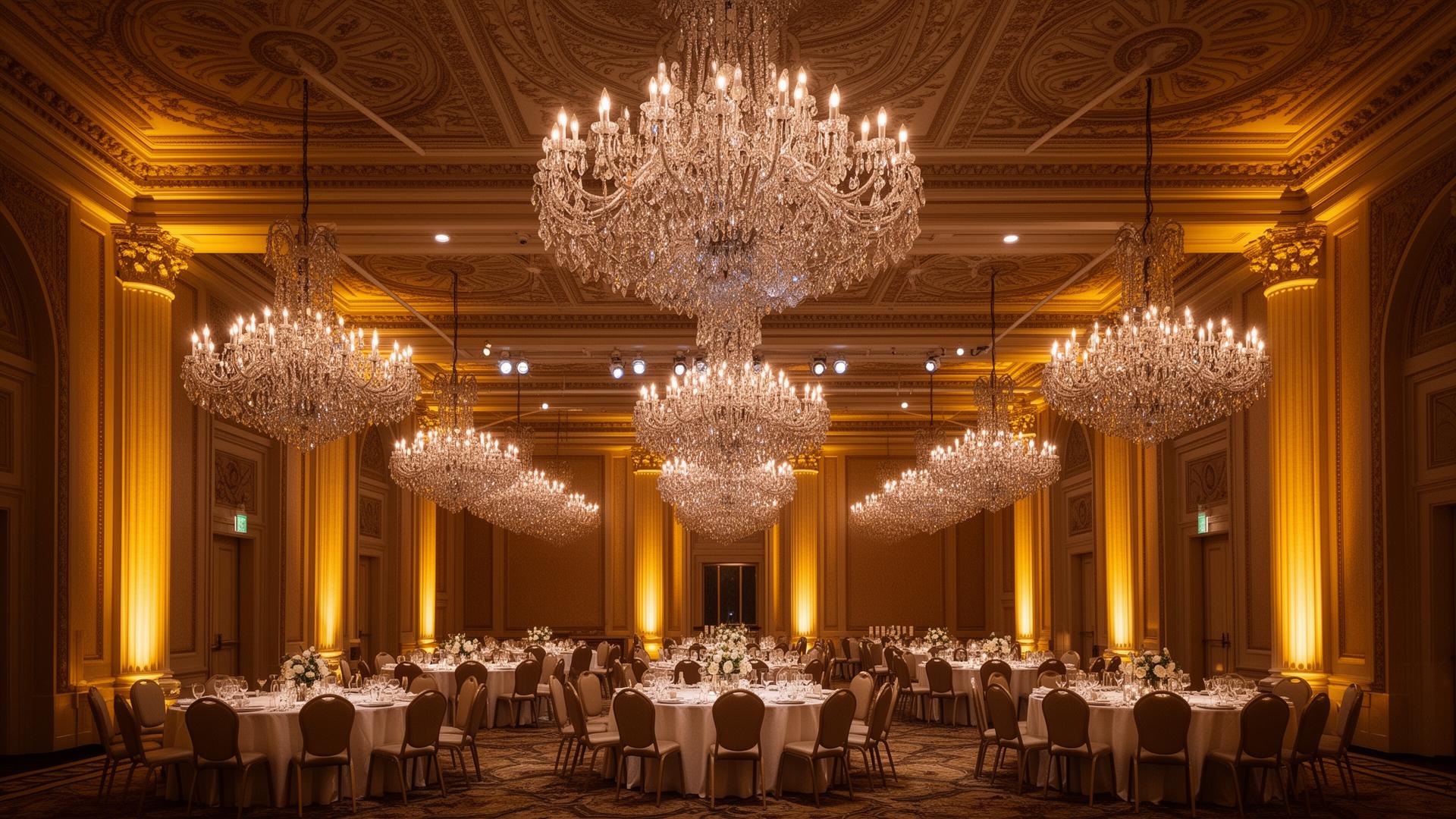 Luxury hotel grand ballroom with multiple crystal chandeliers and DALI-2 dimmable scene lighting for wedding banquet