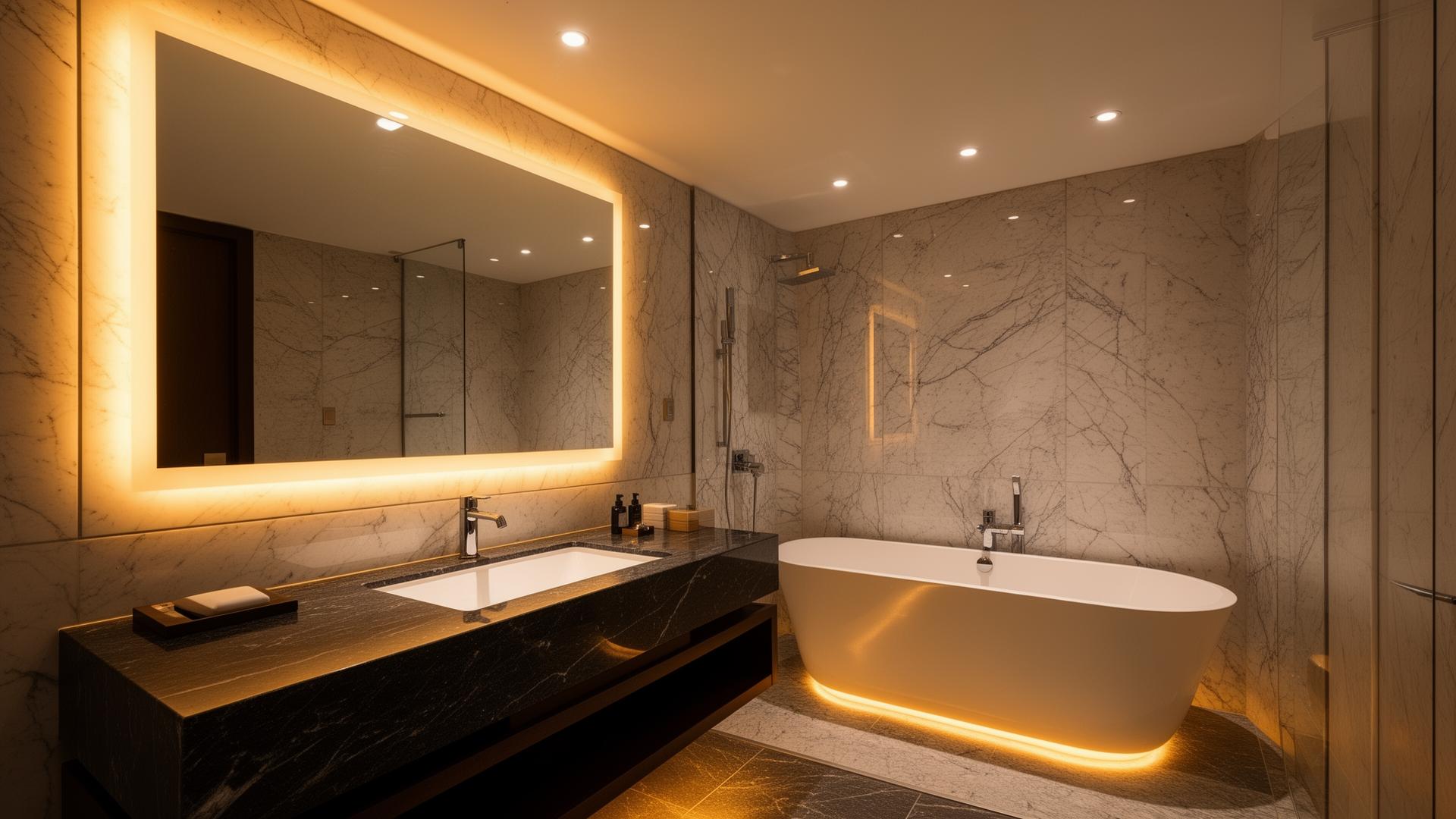 Luxury hotel bathroom with backlit vanity mirror (high CRI 95+), IP65 anti-glare downlights and tub accent lighting