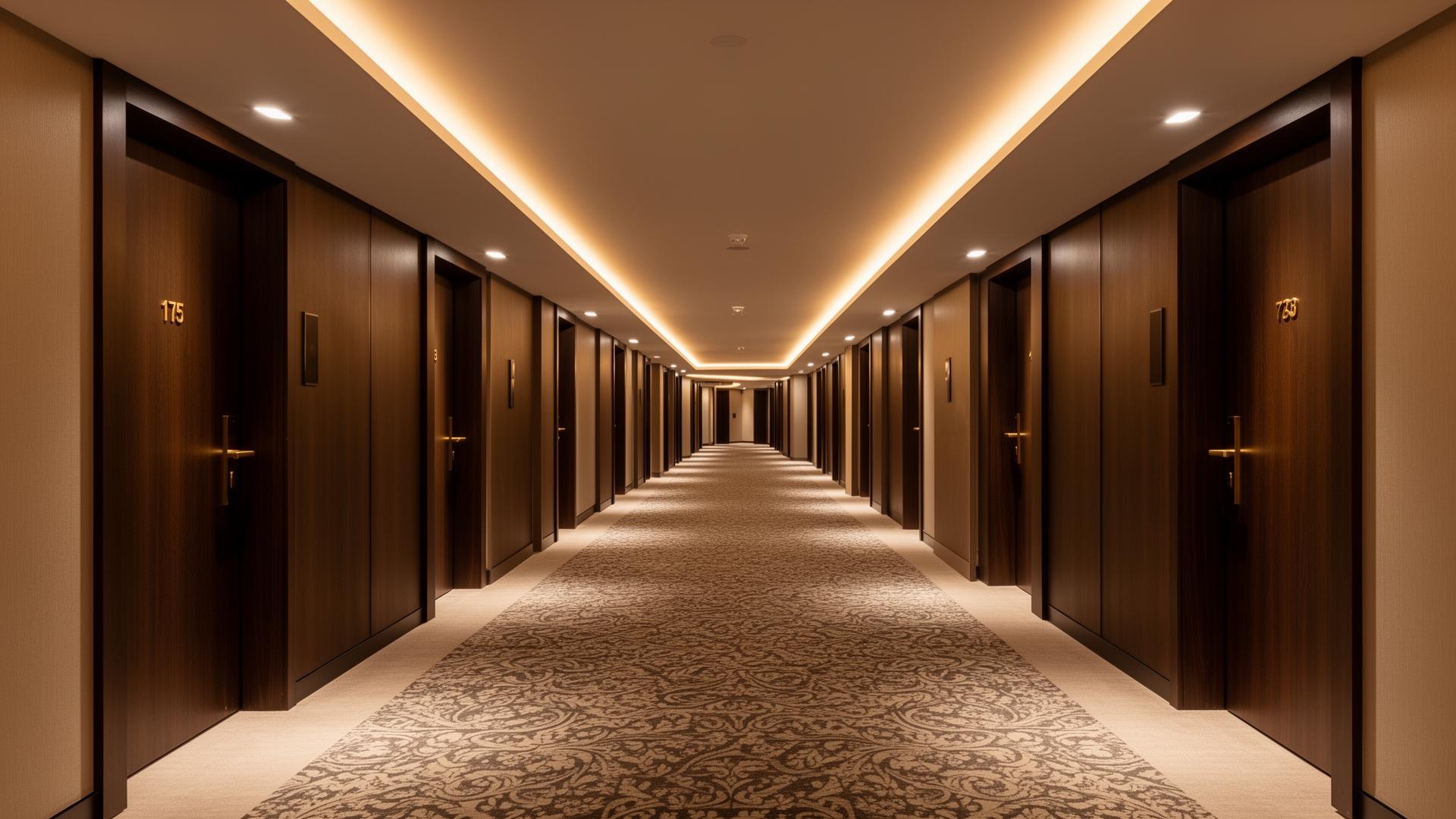 Hotel corridor with continuous linear cove lighting and evenly spaced anti-glare downlights at every guest-room door
