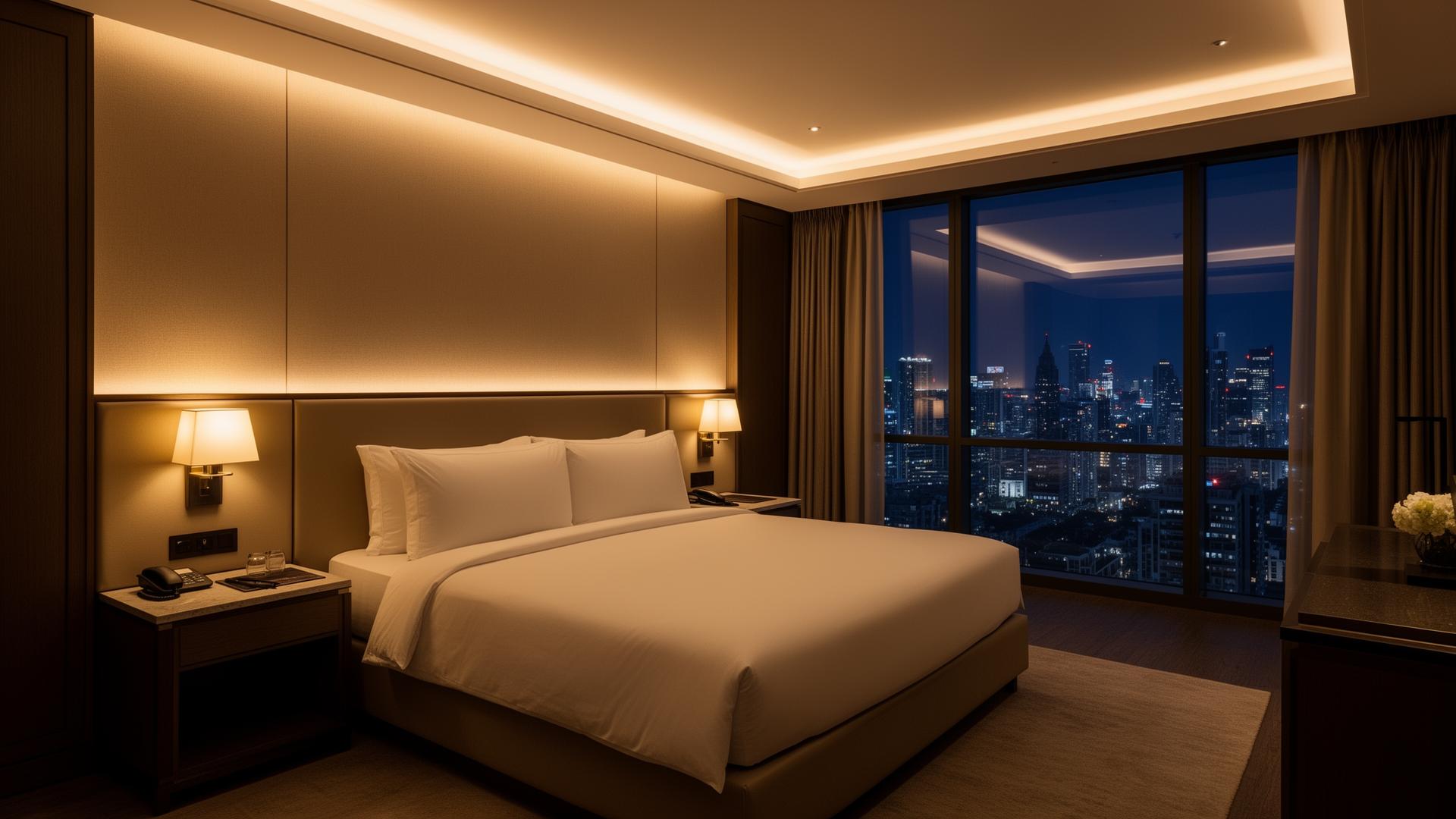 Luxury hotel guest room at night with cove lighting, bedside sconces and warm 2700K dimmable scene