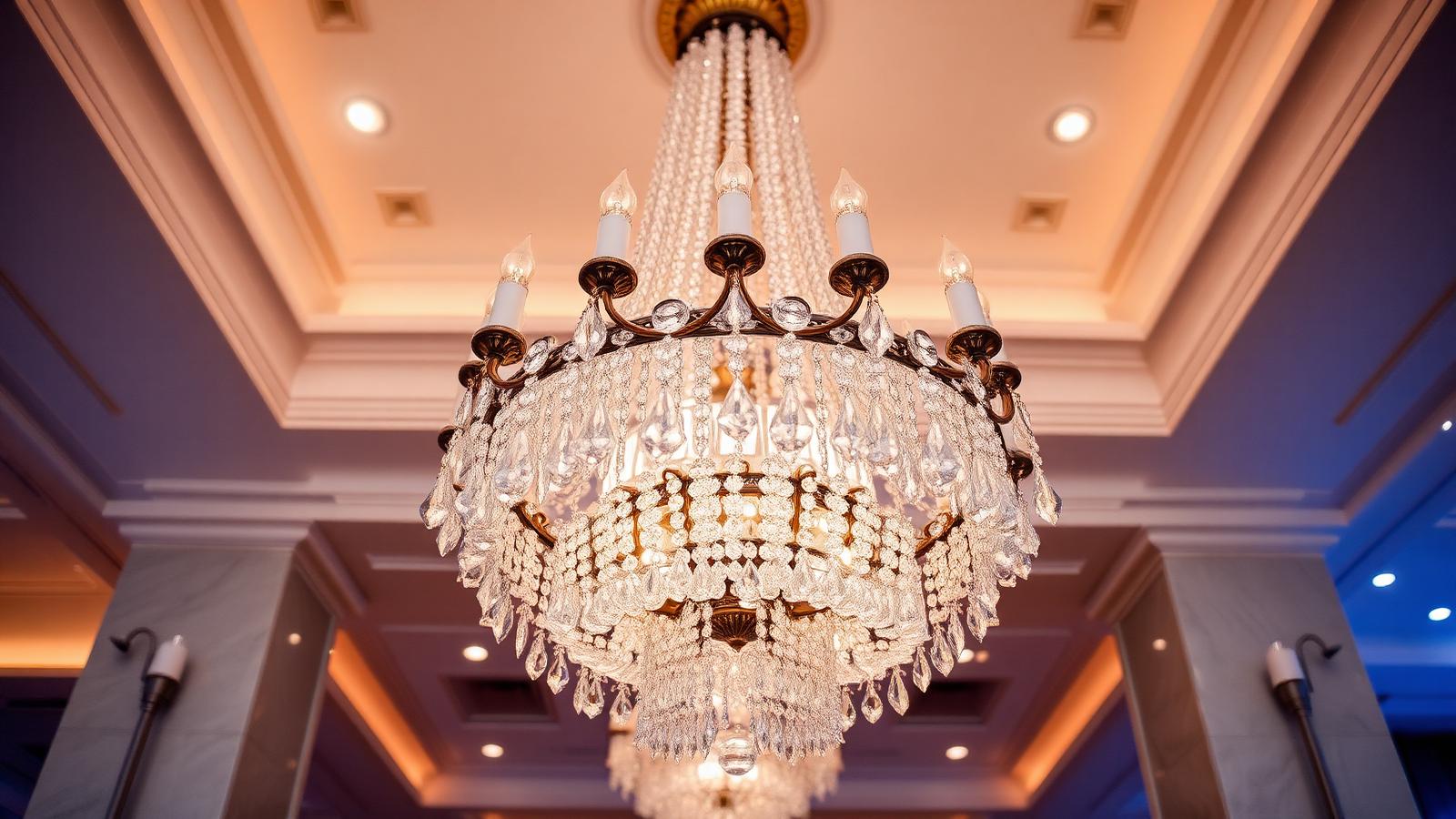 Close-up of a luxury hotel grand crystal chandelier with deep-cup downlights — warm 3000K layered design, UGR<19, DALI-2 controlled