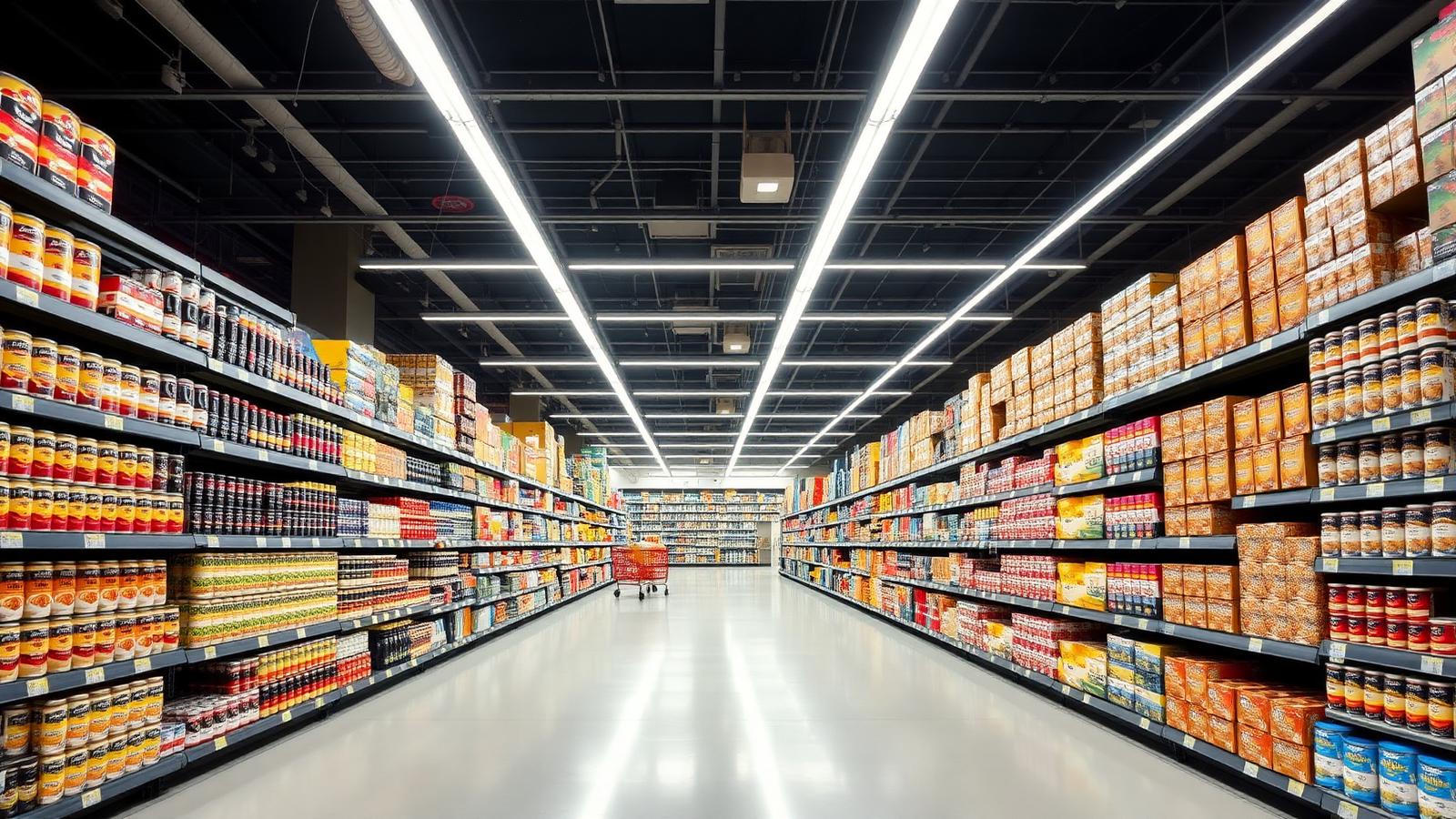 Long packaged goods aisle in European hypermarket with LED linear high-bay lights at 500 lux