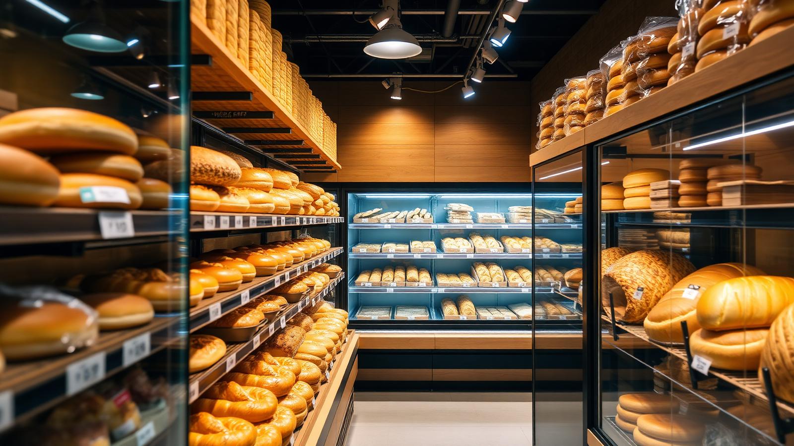 Supermarket bakery section with warm 2700K LED spotlights highlighting golden breads and pastries