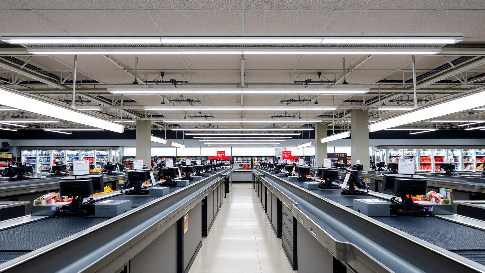 Supermarket checkout cashier station with bright UGR<19 LED panels at 750 lux for cashier comfort