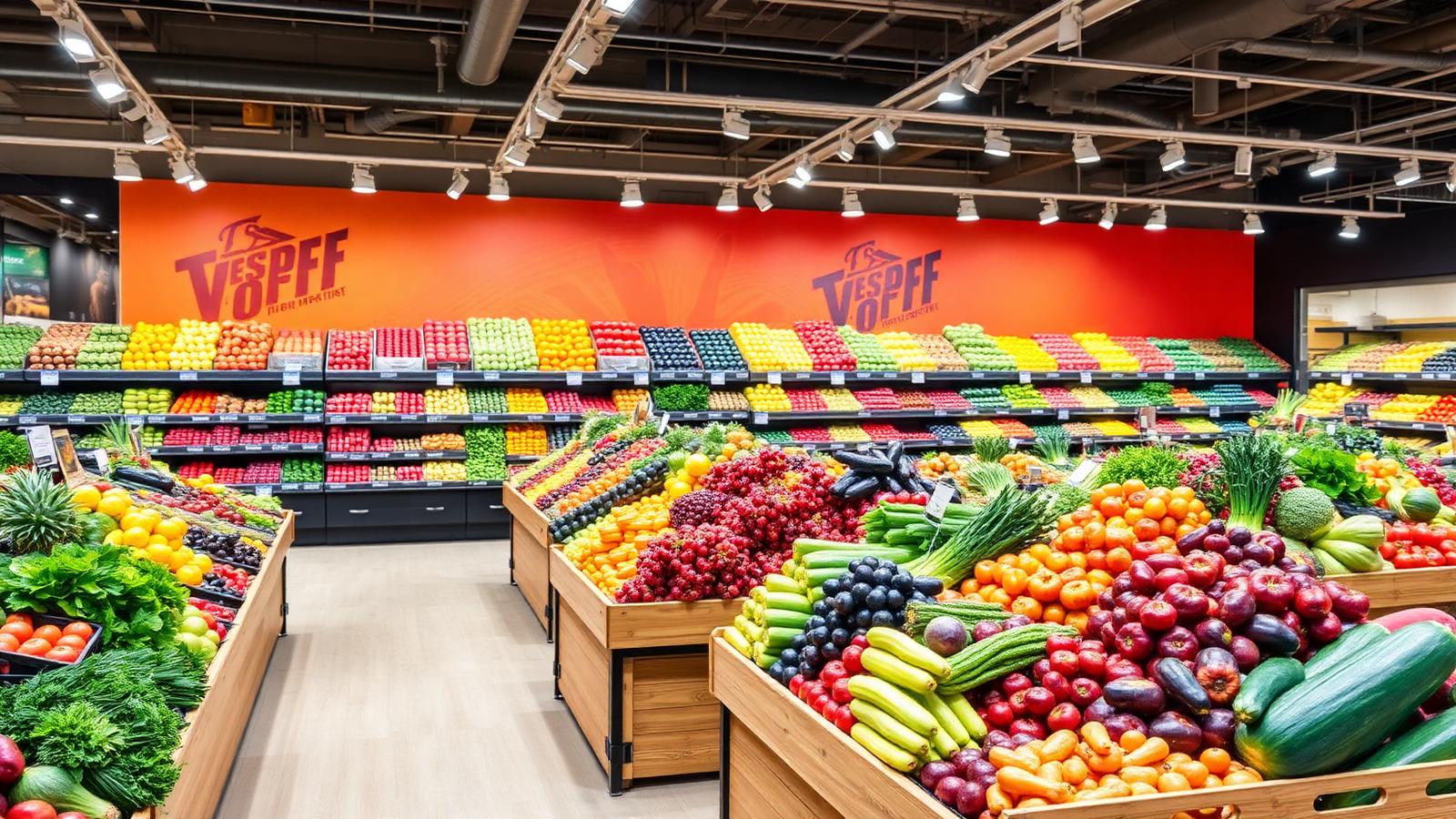 Fresh fruit and vegetable produce section with high CRI 95 3000K LED track spotlights making colors vivid