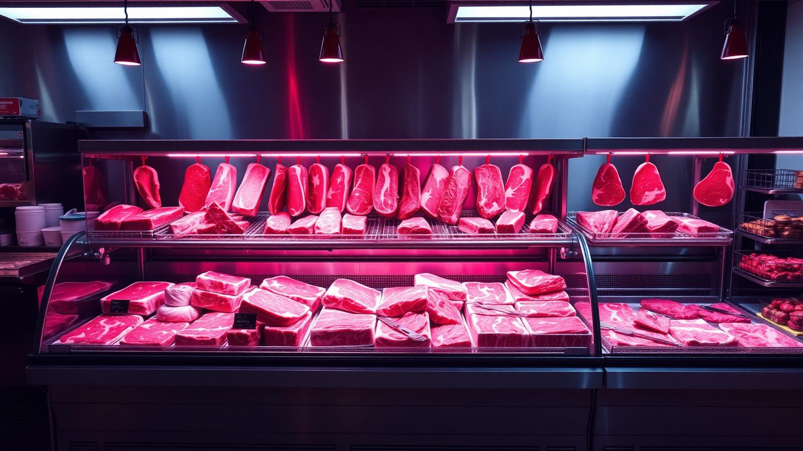 Supermarket meat butcher counter with red-enhanced 3000K LED spotlights making meat look fresh and red