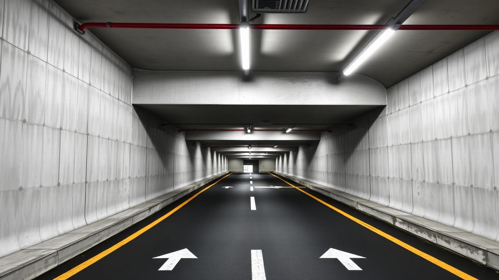 Underground parking entrance ramp lit by IP65 LED tri-proof linear fixtures with smooth transition lighting