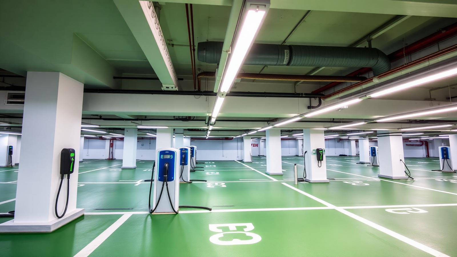 Indoor EV electric vehicle charging zone with green floor and dedicated bright LED tri-proof lighting