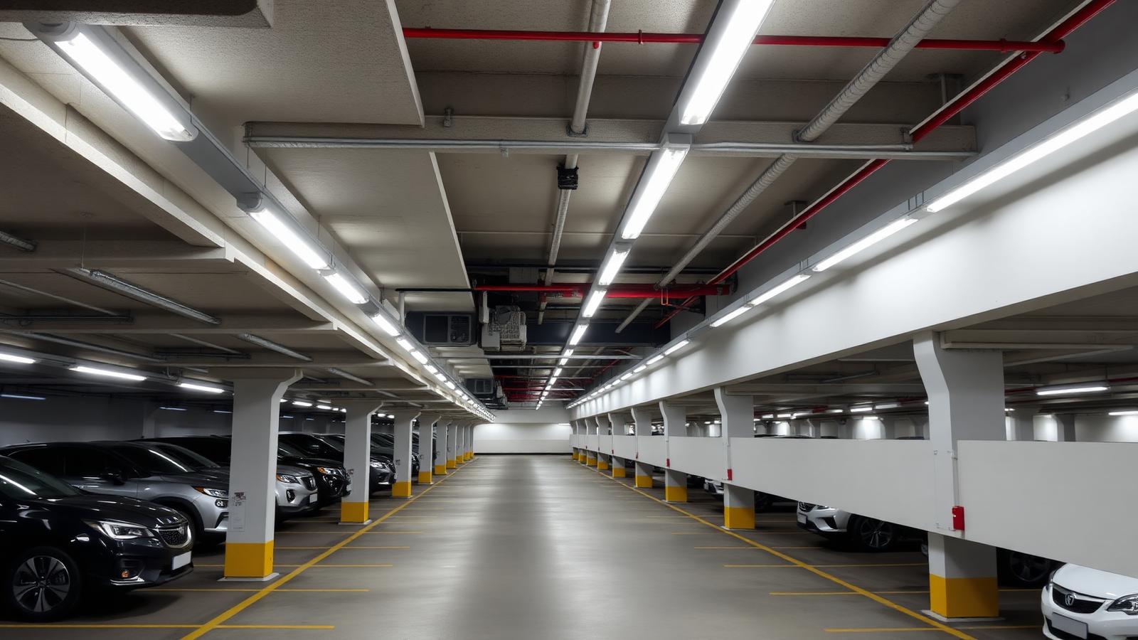 Wide overview of multi-level indoor parking garage with rows of IP65 LED tri-proof linear lights