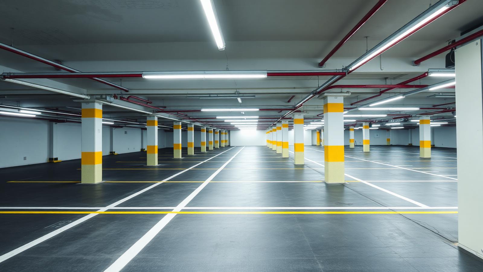 Empty parking bays under uniform IP65 LED tri-proof lighting at 75 lux with yellow painted columns