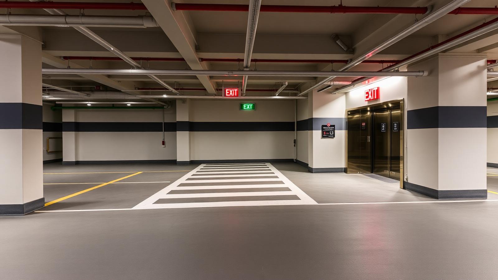 Pedestrian elevator lobby exit with EXIT signage and dedicated LED downlights for safe walkway