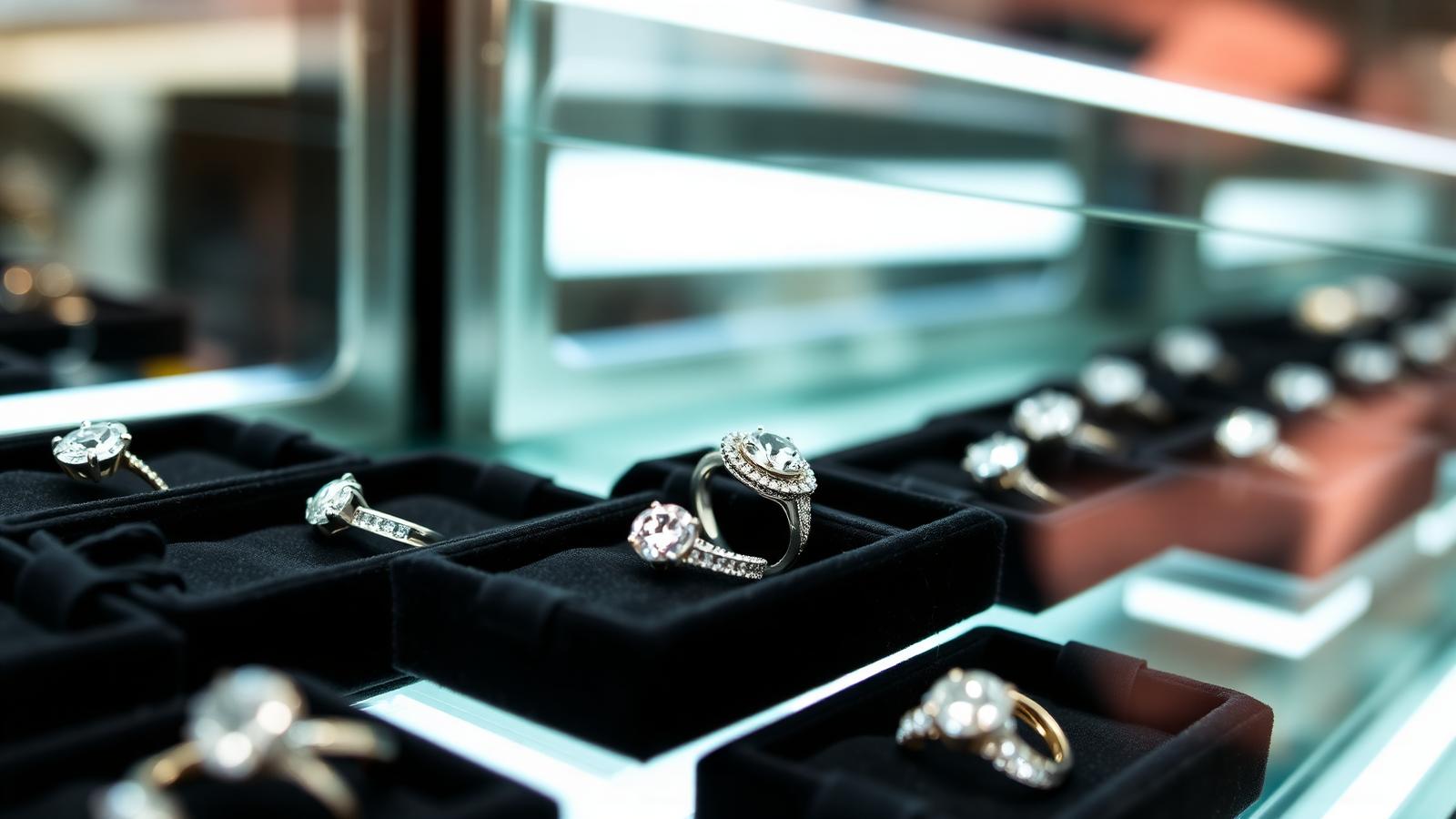 Diamond rings on black velvet inside a glass display case lit by even strip lighting