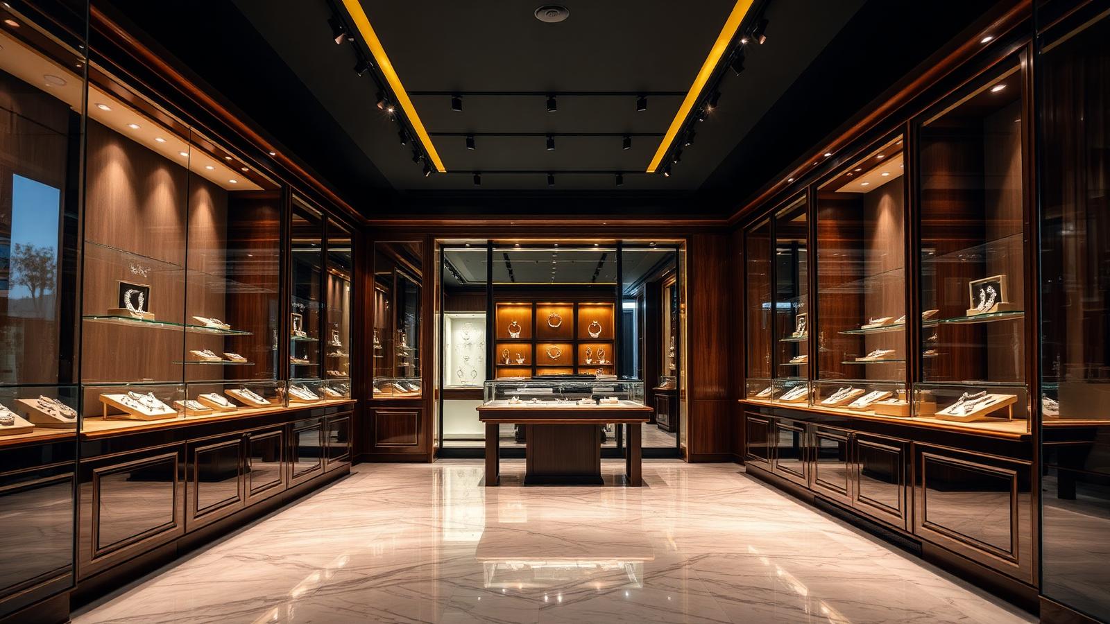 Hero — luxury jewelry showroom with layered lighting and sparkling display cabinets