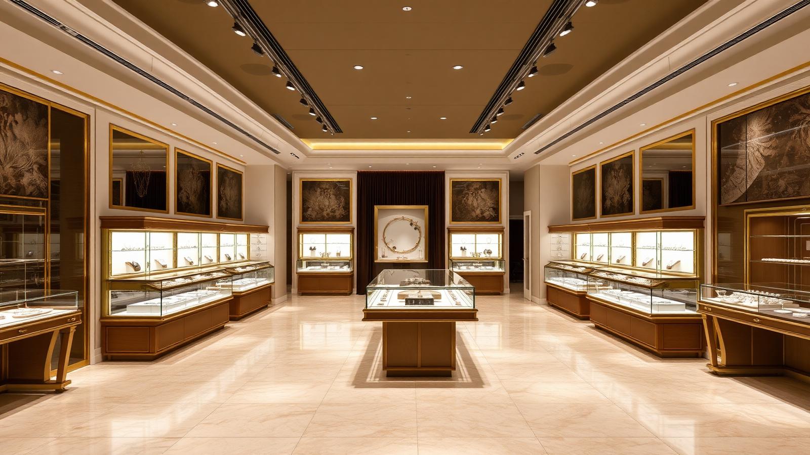 Wide overview of luxury jewelry showroom with island display, perimeter cases and VIP alcove