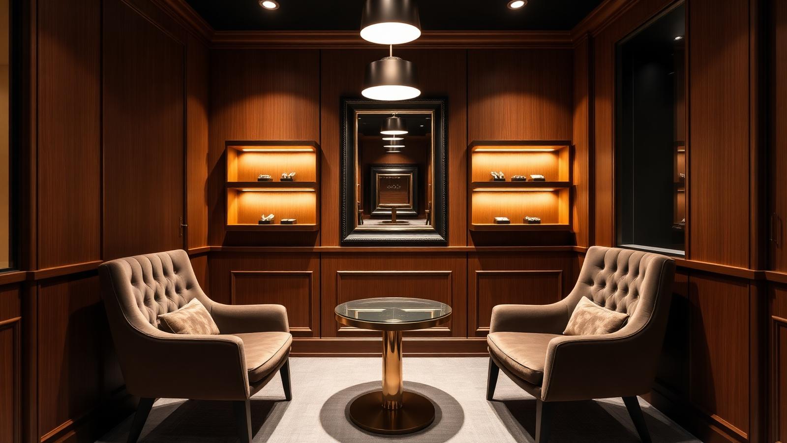Intimate VIP jewelry consultation room with two velvet chairs and warm pendant lighting
