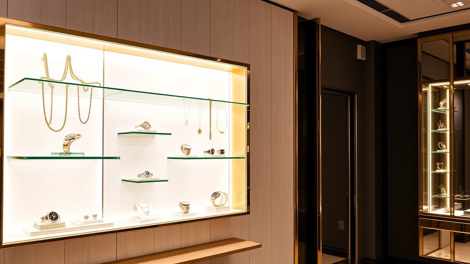 Wall-mounted illuminated showcase with floating glass shelves displaying gold chains and watches