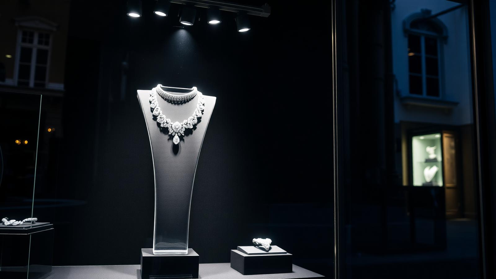 Diamond necklace on tall stand in evening window display, lit by narrow-beam mini spots