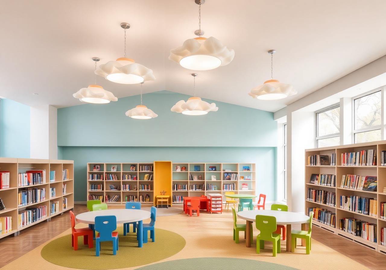 Library children area with soft cloud pendants at 3000K warm welcoming light