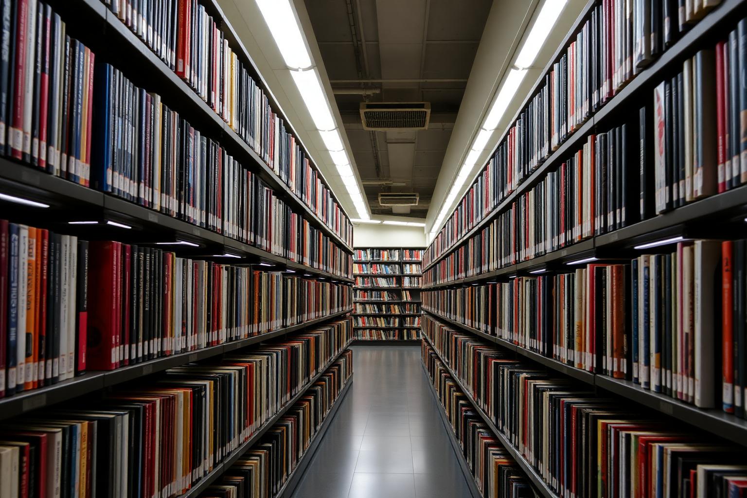 Library book stack aisle with vertical linear LED illuminating book spines at 4000K