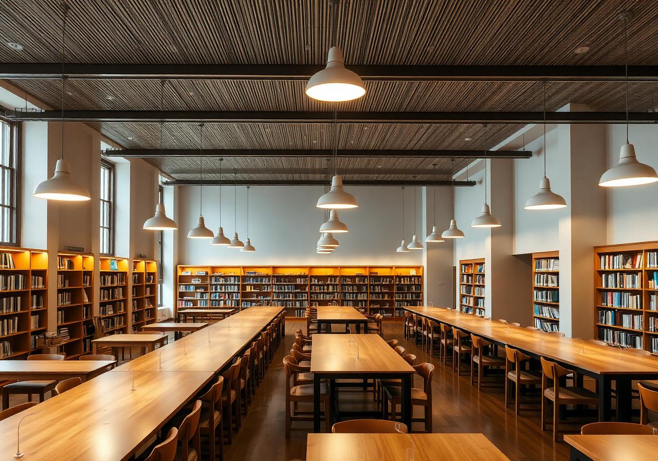 Library reading room with long wooden tables and warm 3000K pendant task lights, UGR<19 ambient