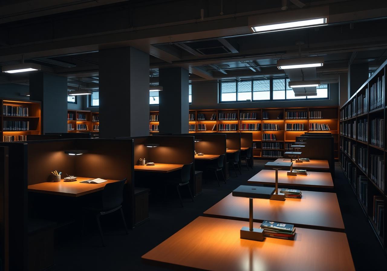 Library individual study carrel with focused warm task LED desk lights, low ambient