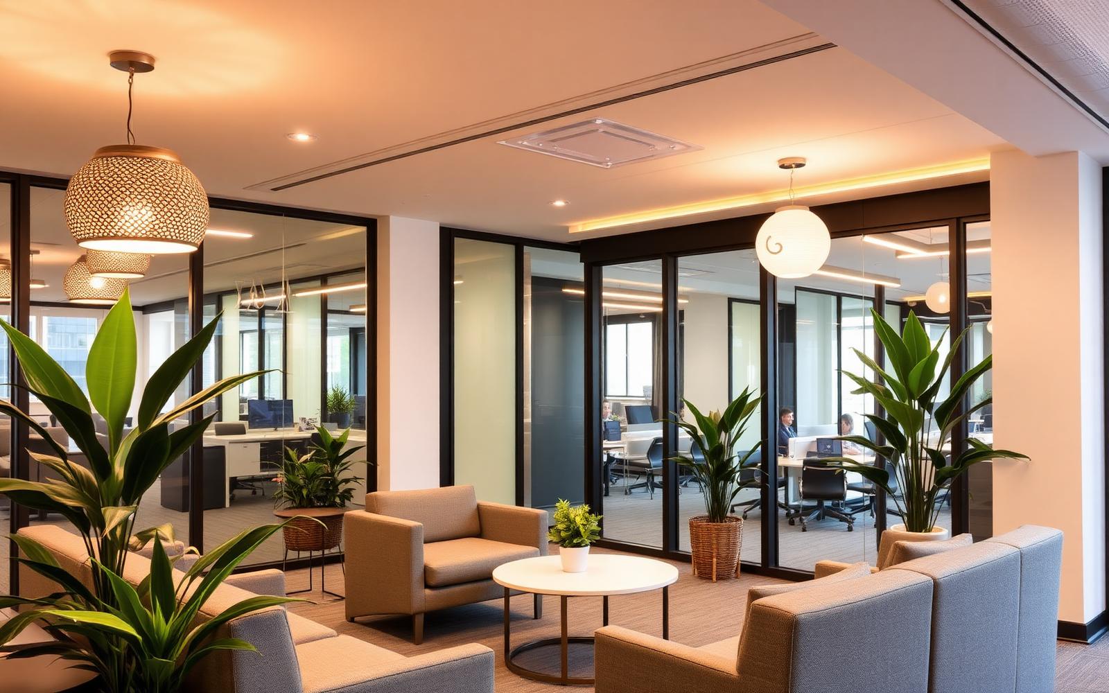 Breakout collaboration zone with decorative pendants, warm 3000K accents and biophilic design — the office's answer to working from home.