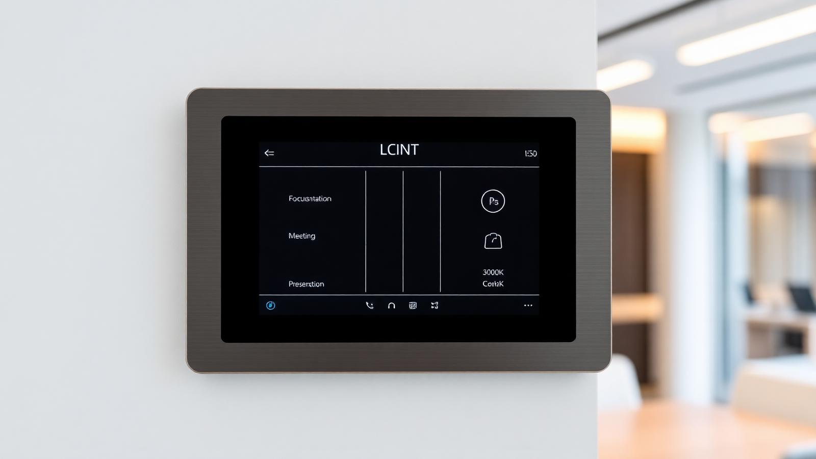 Wall-mounted DALI-2 / Casambi touchscreen control panel with scene presets (Focus, Meeting, Presentation, Circadian) — the single decision that determines whether an office scheme will hit its energy target.