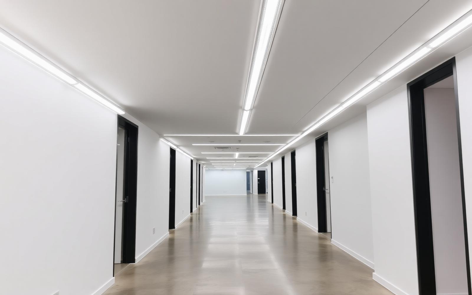 Office corridor with continuous linear LED, motion-sensor dimming and 4000K — the highest-ROI energy intervention in any office retrofit.