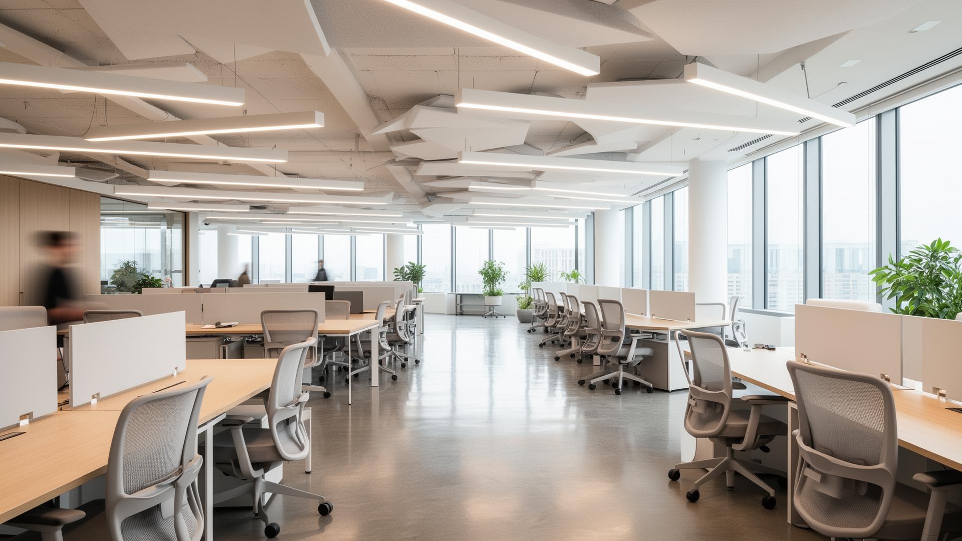Diagonal view of a European open-plan office with parallel linear LED pendants, acoustic baffle ceiling and daylight harvesting from the window wall — delivering UGR<19 and 500 lux on the working plane per EN 12464-1:2021.