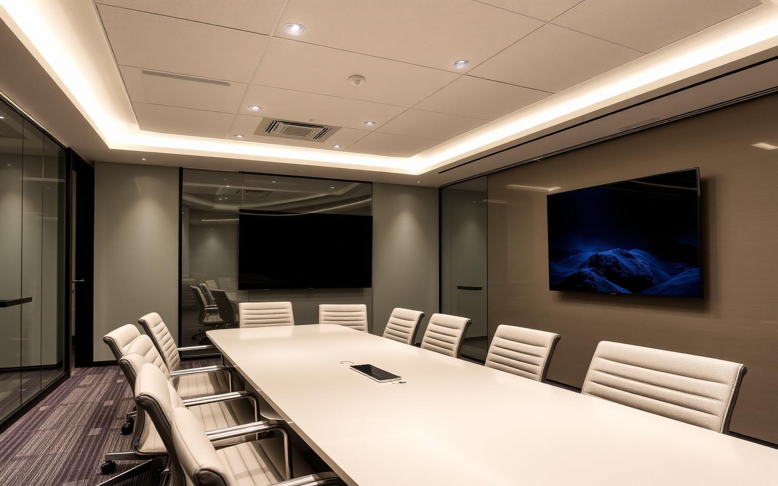 Hybrid-ready meeting room with dimmable LED downlights, an indirect cove for face illumination (Ez ≥ 250 lux) and DALI-2 scene control — meeting EN 12464-1:2021 §6 for video conferencing.