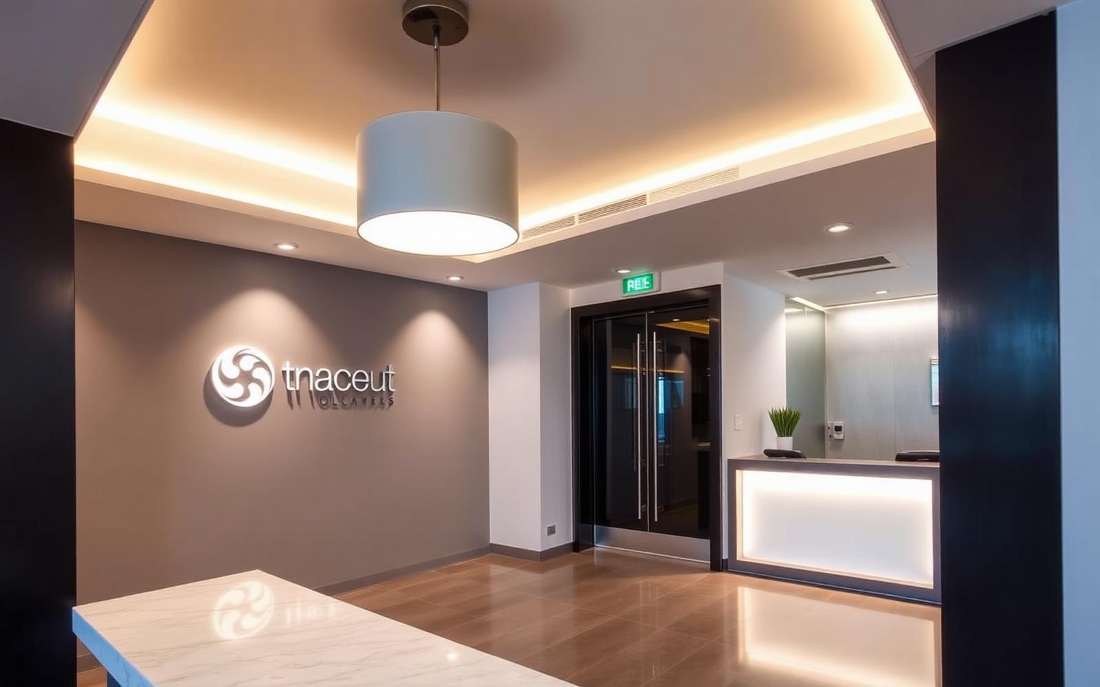 Reception lobby with feature pendant, 3000K accent on the logo wall and indirect cove — hospitality lighting language applied to the workplace front-of-house.