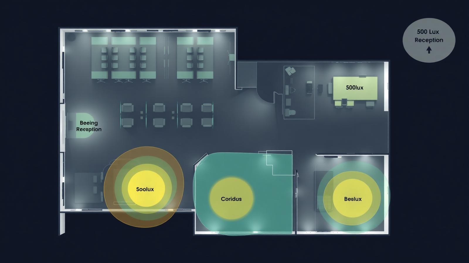 DIALux-style top-down lighting plan showing the multi-zone office floorplate with isolux contours: 500 lux on workstations, 300 lux at reception, 150 lux in breakout, 100 lux in corridors — the complete EN 12464-1:2021 specification on one page.