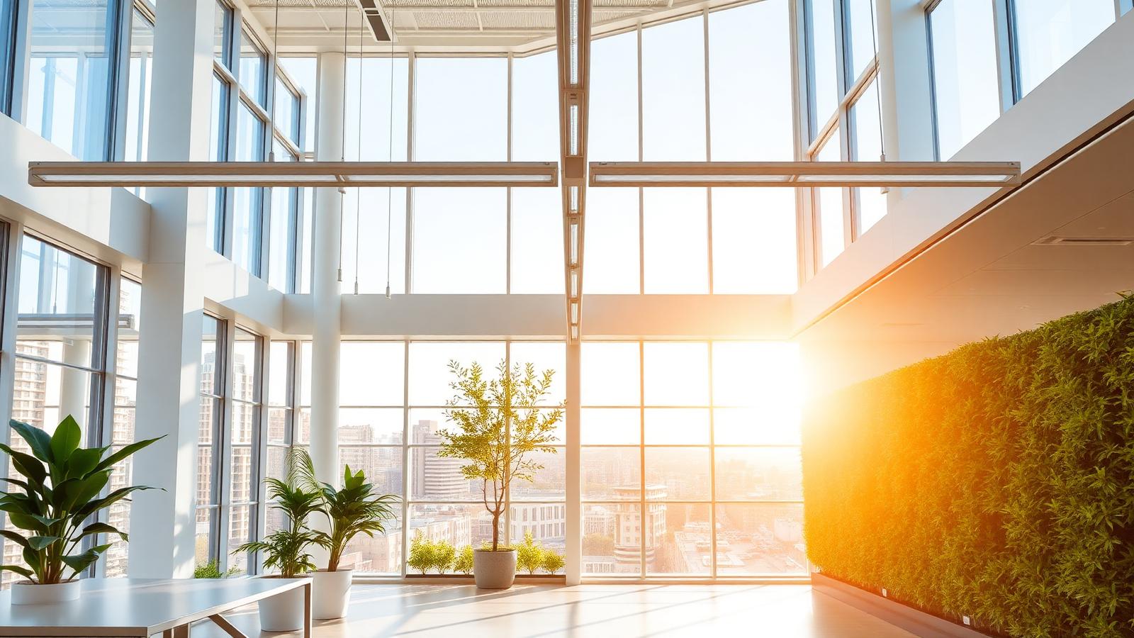 Bright sustainable office with daylight harvesting, automatically dimmed linear LEDs and a biophilic green wall — the EPBD 2030 Zero Emission Building benchmark in practice.