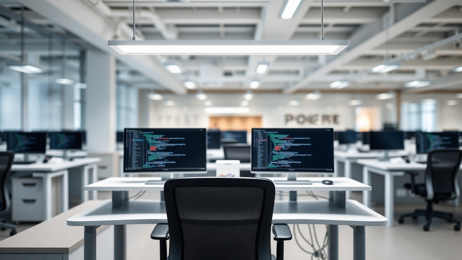 Open-plan workstation zone with linear LED pendants delivering even 500 lux on desks and zero visible reflection on the screens — the EN 12464-1:2021 benchmark for screen-based work.
