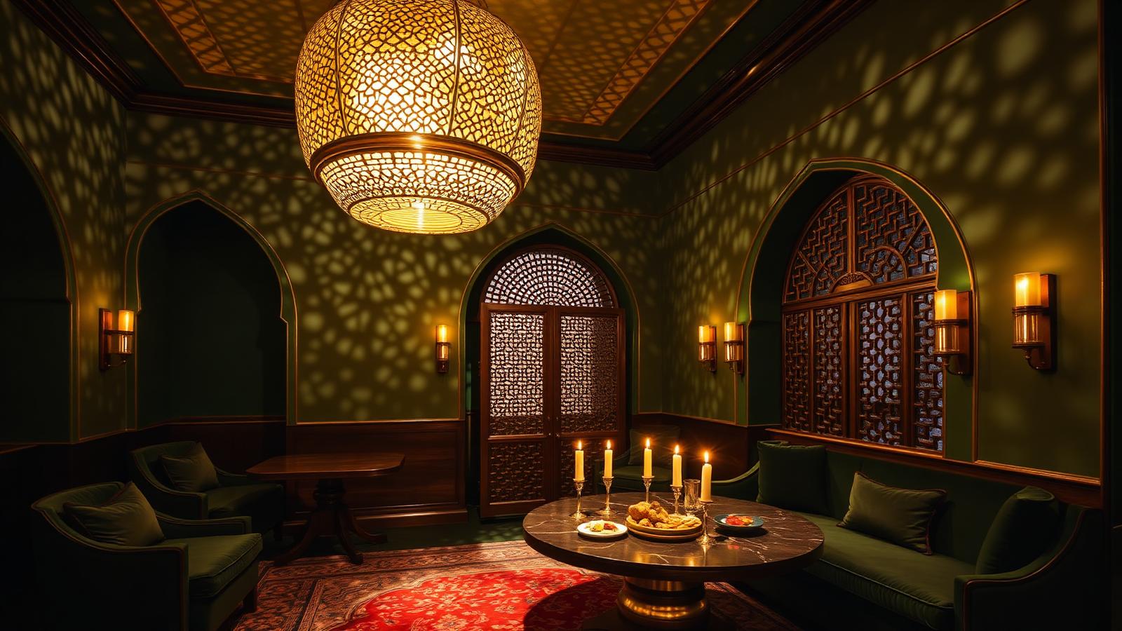 Arabic / Middle-Eastern Majlis-style private dining room with ornate brass pierced-metal pendant lantern casting geometric shadow patterns, deep emerald and gold tones, mashrabiya screens — the highest-margin private-dining spec for GCC luxury F&B.