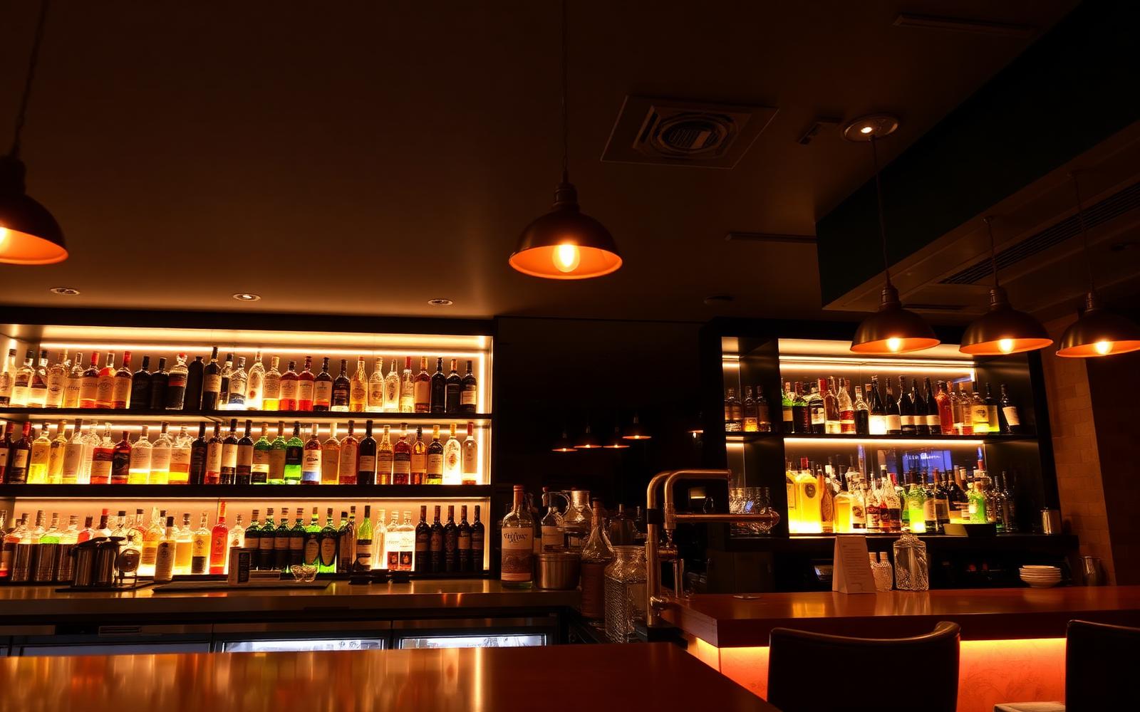 Restaurant bar with backlit liquor shelves, warm 2700K pendants and a copper-finished counter — the four-layer lighting strategy that maximises bar revenue.