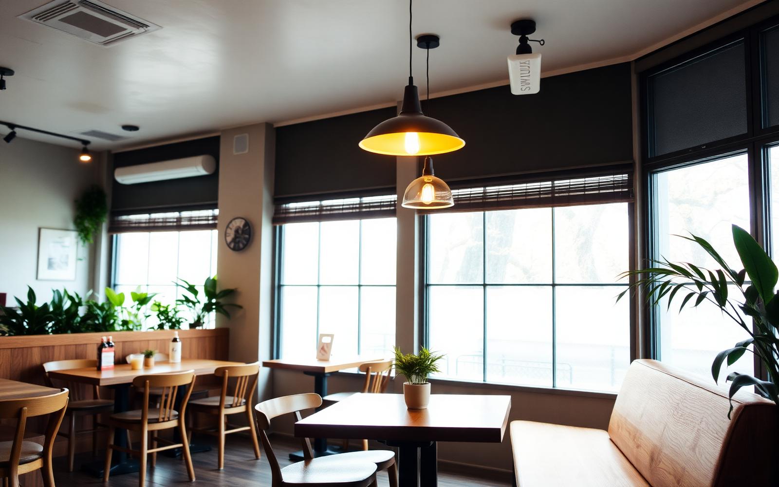 Casual all-day café with daylight-balanced pendants and biophilic interior — a tunable-white scheme that reads as the right venue at every hour of the day.