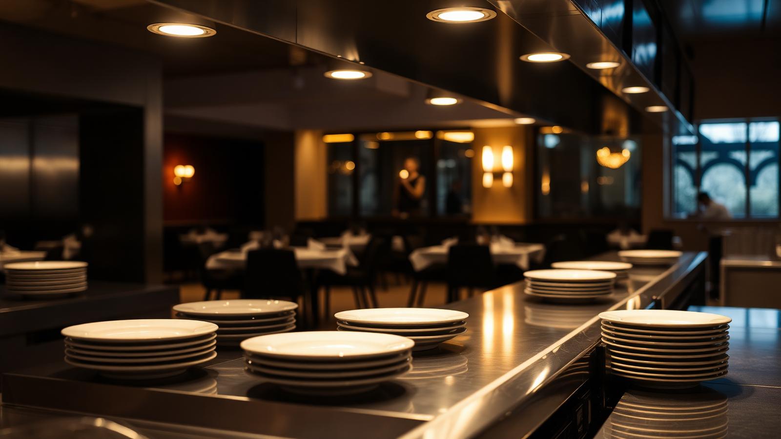 Restaurant chef's pass with bright 4000K downlights over the plating area transitioning to dimmed warm 2700K dining room beyond — the lighting choreography that controls every evening's rhythm.