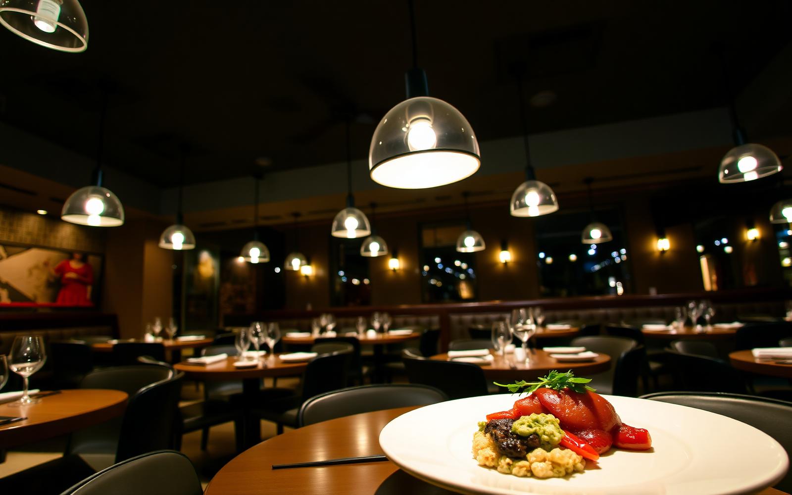 Main dining area with individual pendant lights over each table, warm 2700K, plates highlighted by CRI 95 accent — food photography quality straight to the customer's phone.