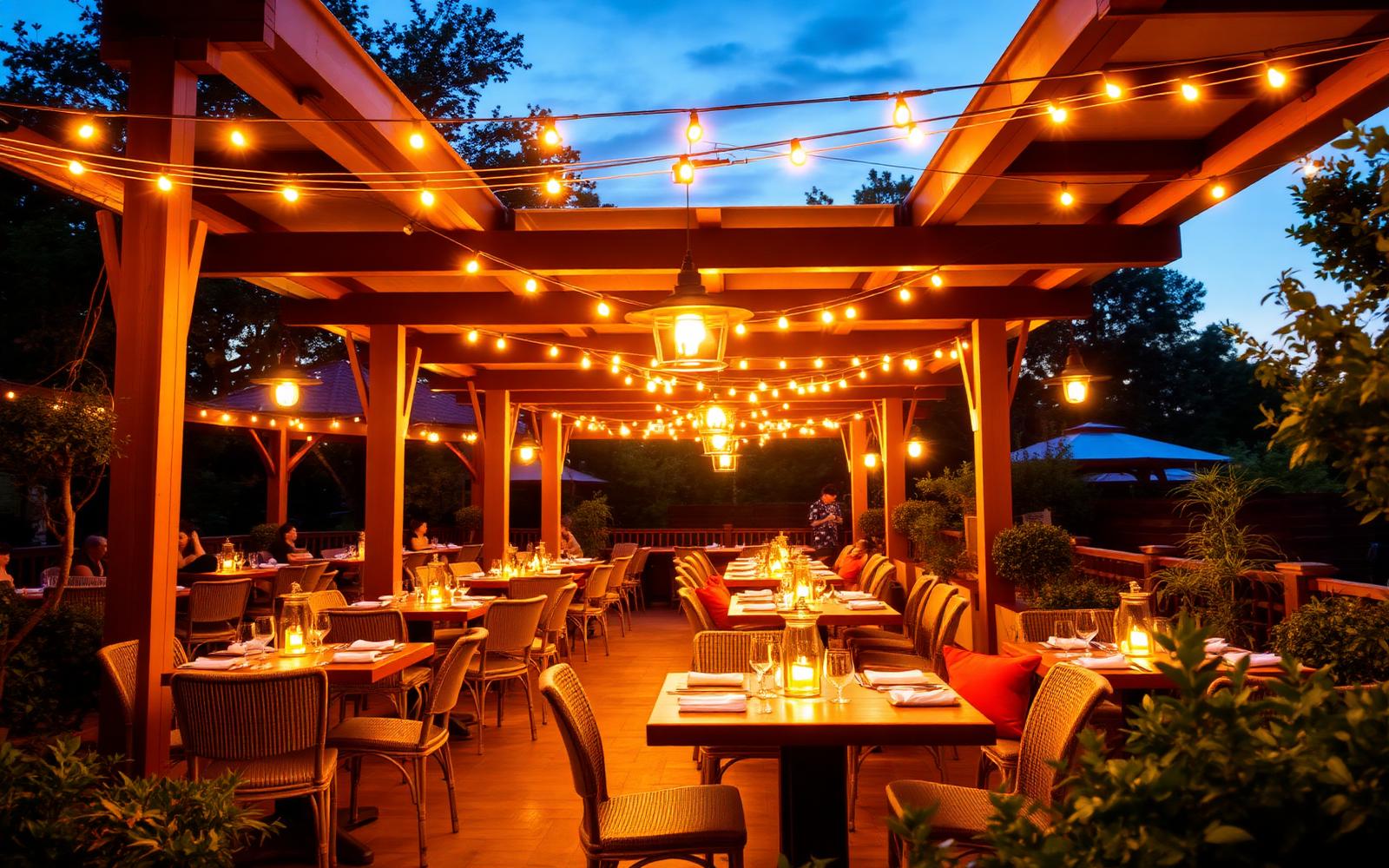 Outdoor restaurant terrace at dusk with festoon string lights, warm 2200K and lantern-style table lights — the dark-sky-compliant version of the magic-hour aesthetic.
