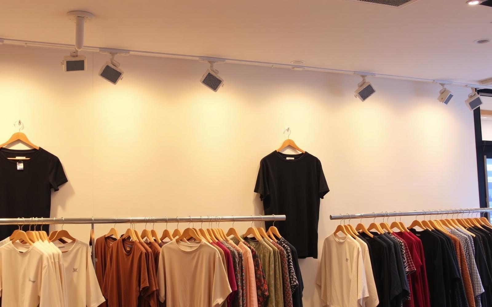 Fashion clothing display with adjustable track spots illuminating wall garments, CRI 95 / 3000K accent — texture and colour reading exactly as the buyer intended.