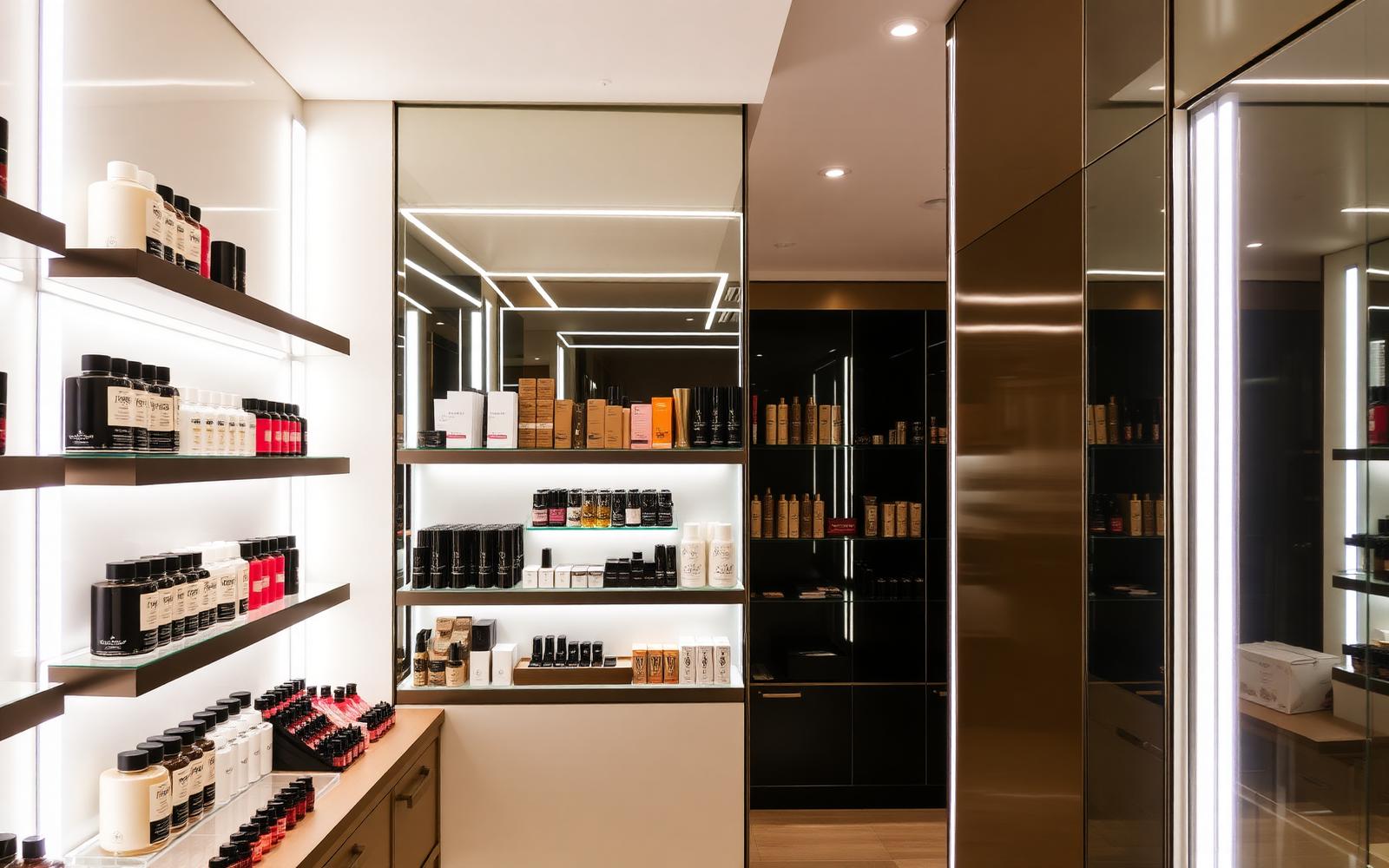Beauty / cosmetics store with backlit product shelves, edge-lit displays and 4000K daylight-aligned ambient — the spectral consistency that makes skin-tone products convert.