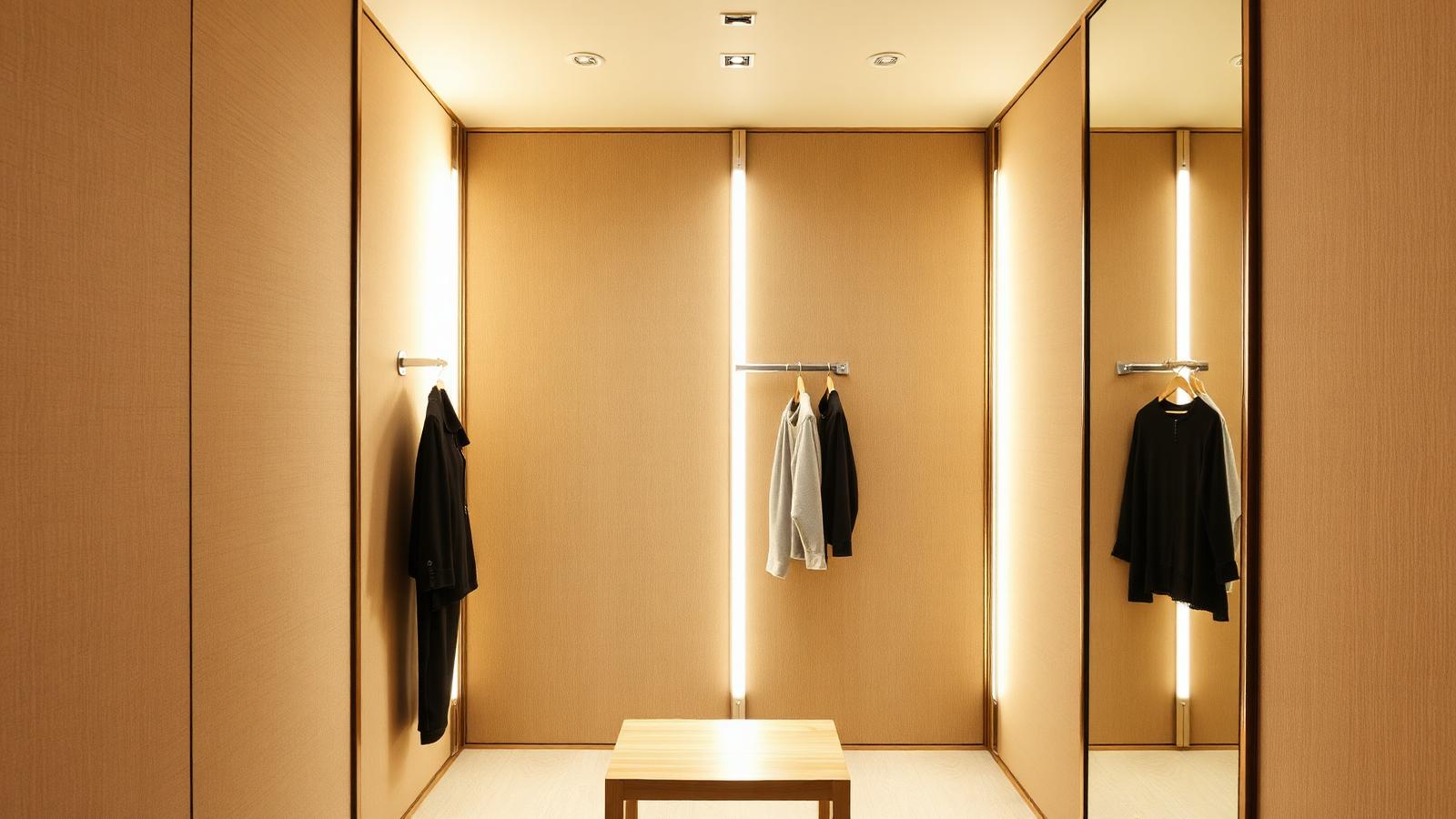 Premium retail fitting room with vertical LED strips at face height, 3500K CRI 95 daylight-balanced — the single highest-ROI lighting intervention in retail.