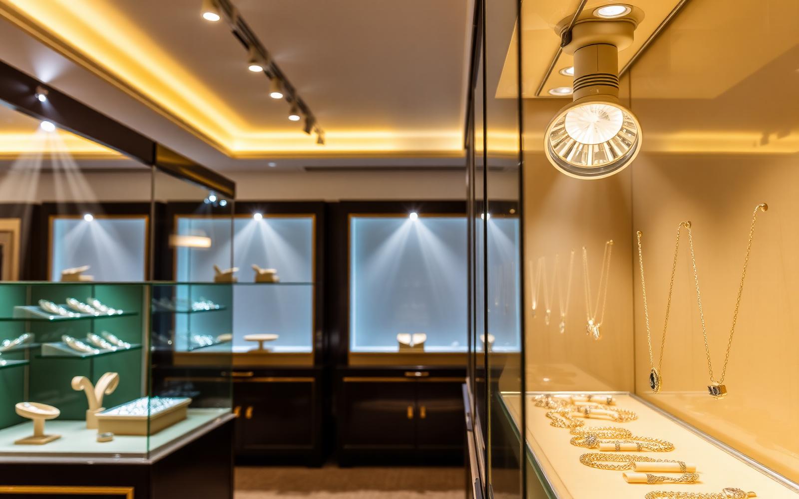 Jewellery showcase with high-CRI 97 narrow-beam spots delivering the precision sparkle that makes diamonds and gold sell at full margin.