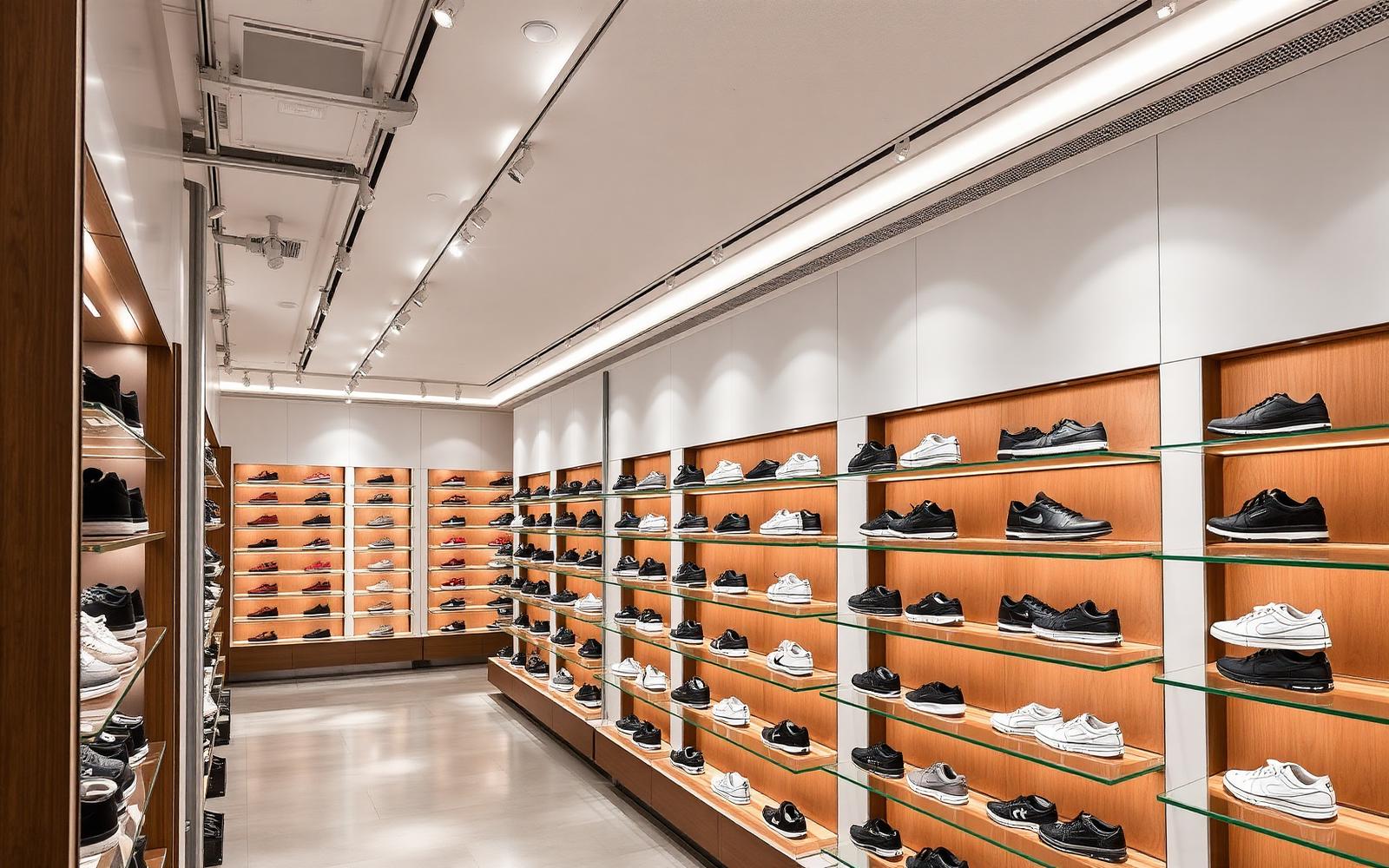Footwear store with magnetic track and per-shelf LED — the two-layer system that lifts bottom-shelf SKU performance and signals premium.