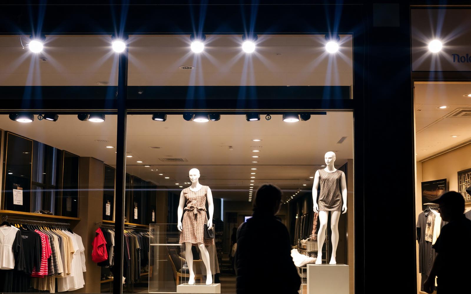Storefront window with bright narrow-beam track spots illuminating mannequins from above — the 5,000-lux vertical that stops passers-by mid-step.