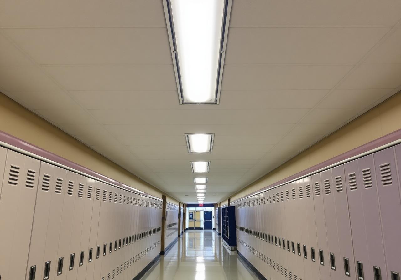 School corridor with linear LED batten lighting at 4000K even uniform illumination