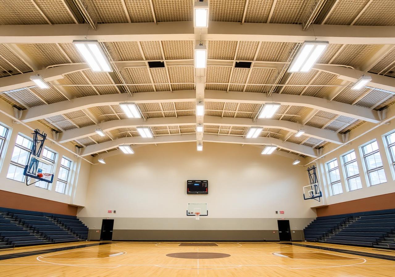 School gymnasium with IP65 high bay LED lighting at 5000K bright uniform sports illumination